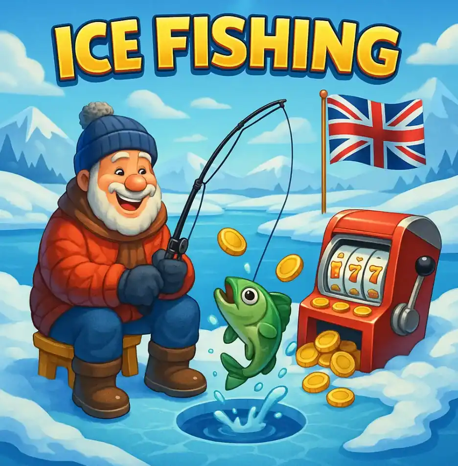 Cartoon fisherman catching a fish with coins near a slot machine in Ice Fishing game UK version